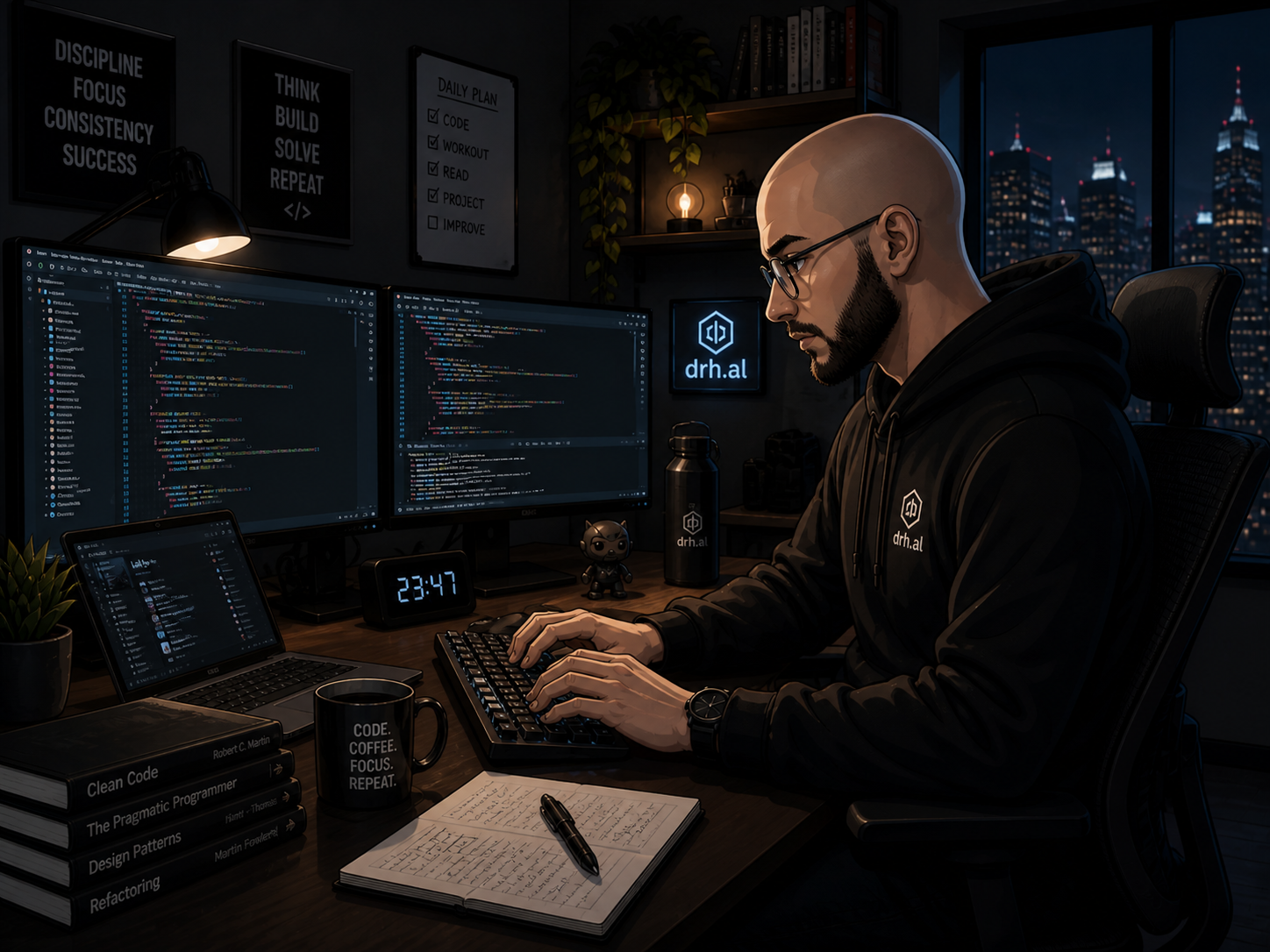 drh.al founder at work — boutique digital agency, Tirana, Albania drh.al founder coding at his desk in the Tirana studio — boutique digital agency in Albania